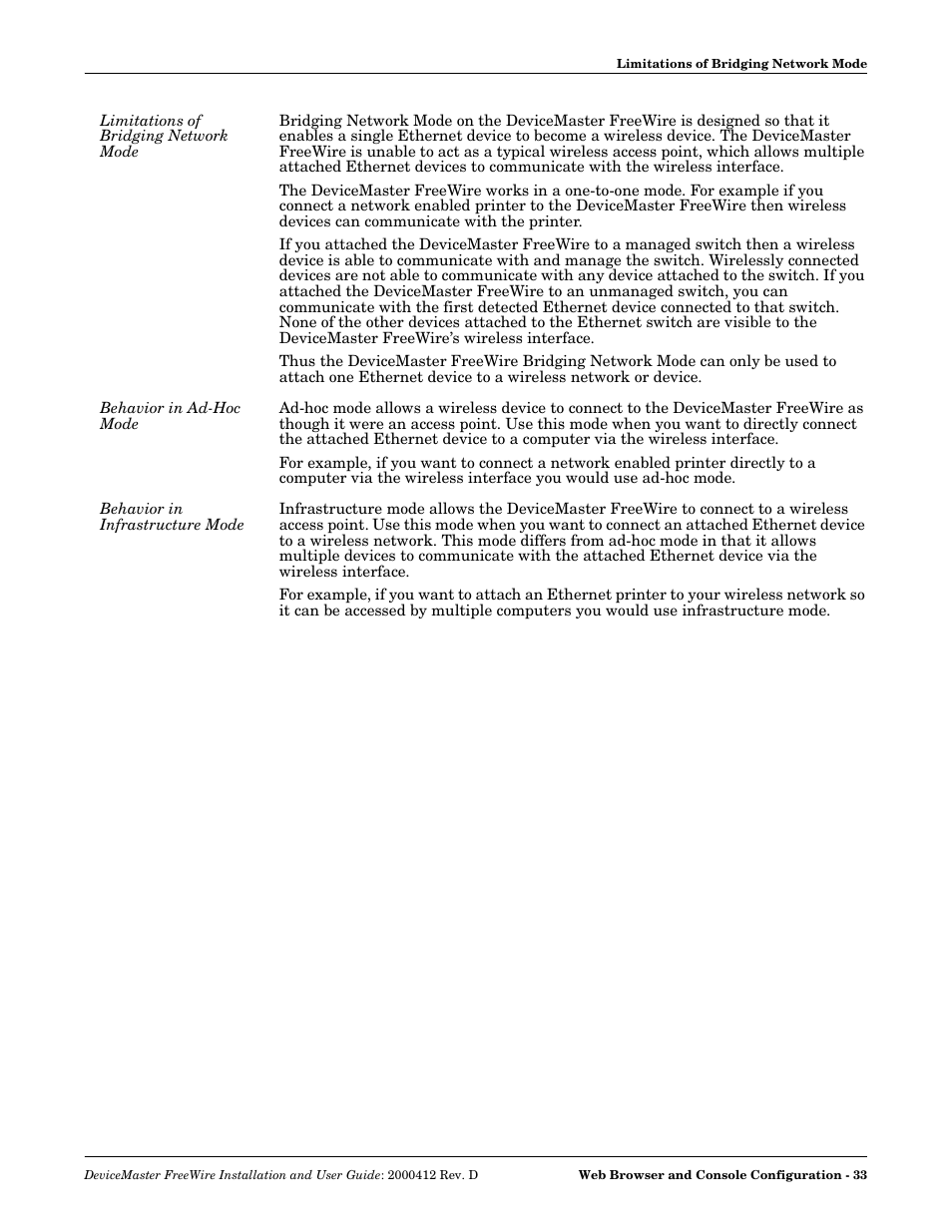 Limitations of bridging network mode, Behavior in ad-hoc mode, Behavior in infrastructure mode | Comtrol FreeWire User Manual | Page 33 / 54