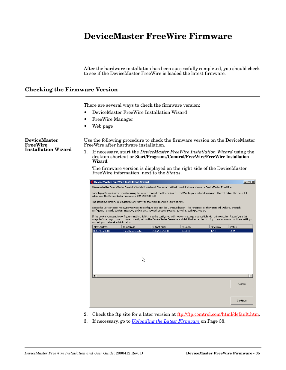 Devicemaster freewire firmware, Checking the firmware version, Devicemaster freewire installation wizard | Comtrol FreeWire User Manual | Page 35 / 54