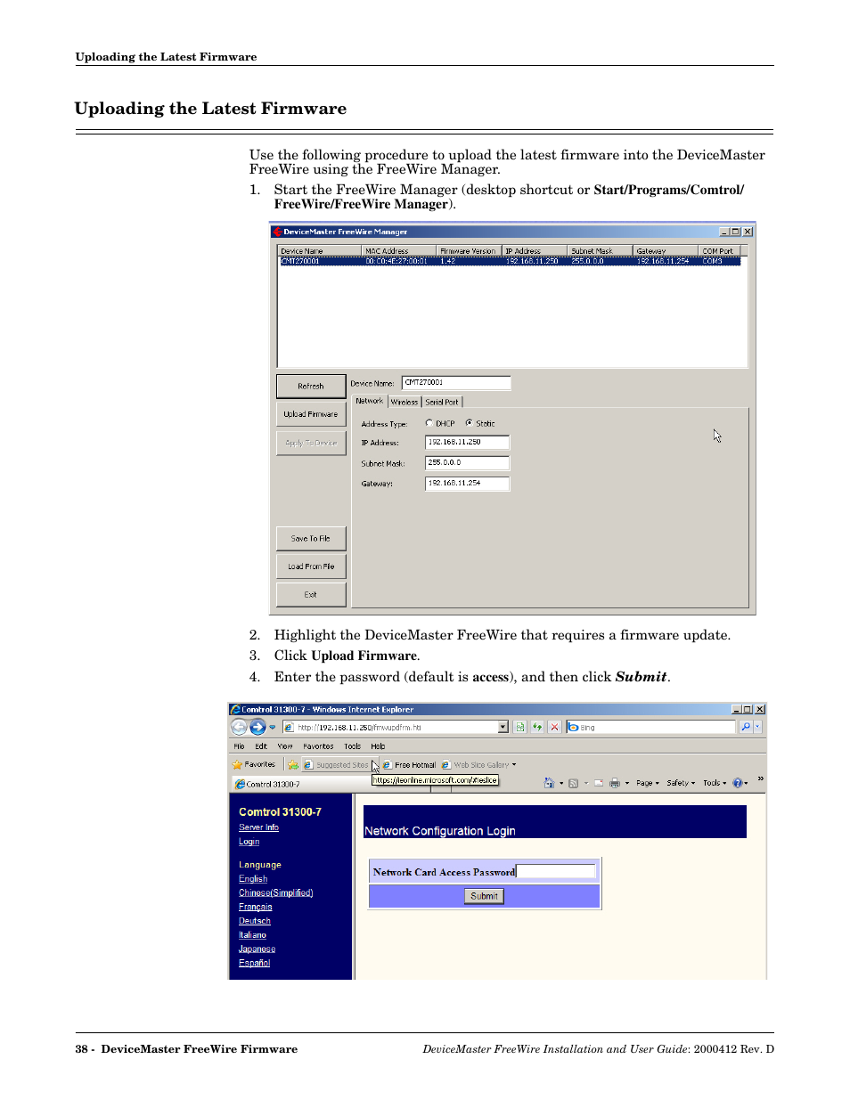 Uploading the latest firmware | Comtrol FreeWire User Manual | Page 38 / 54