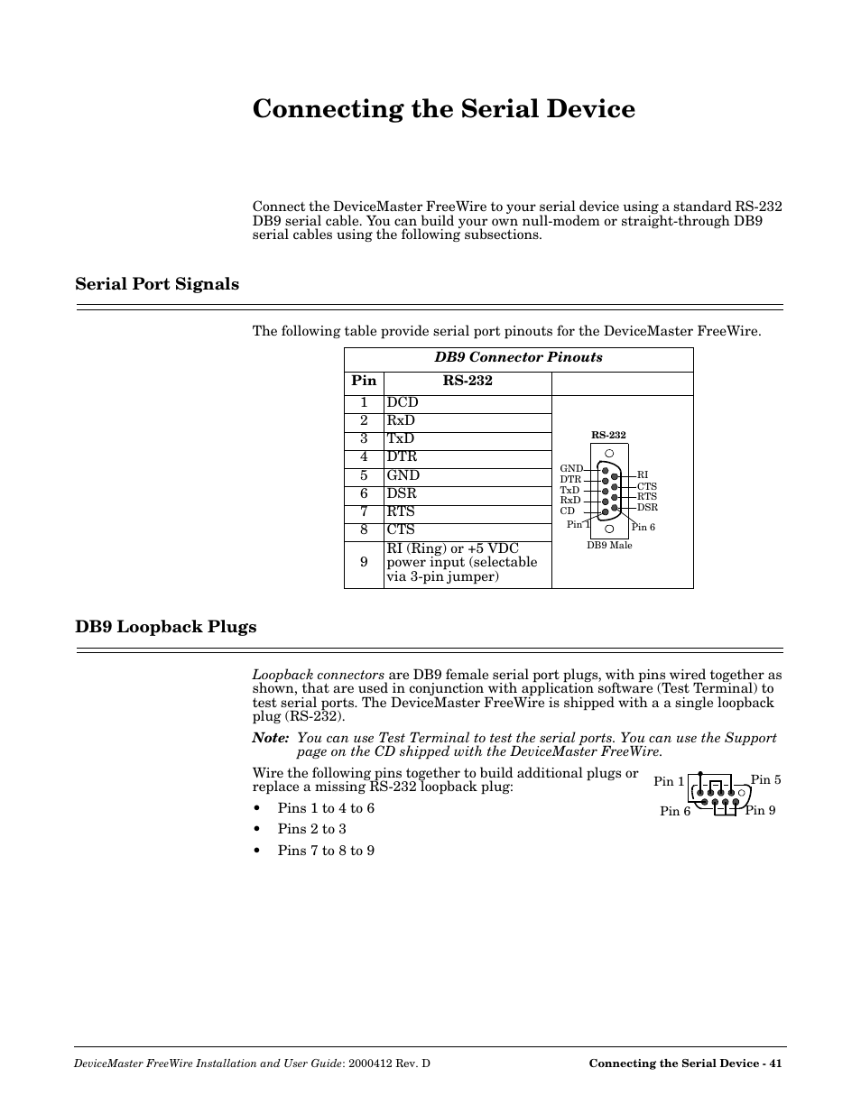 Connecting the serial device, Serial port signals, Db9 loopback plugs | Serial port signals db9 loopback plugs, Connecting the, Serial device, R to, Refer to | Comtrol FreeWire User Manual | Page 41 / 54