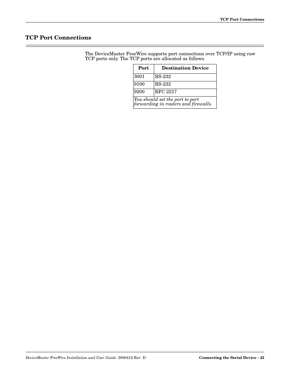 Tcp port connections | Comtrol FreeWire User Manual | Page 43 / 54