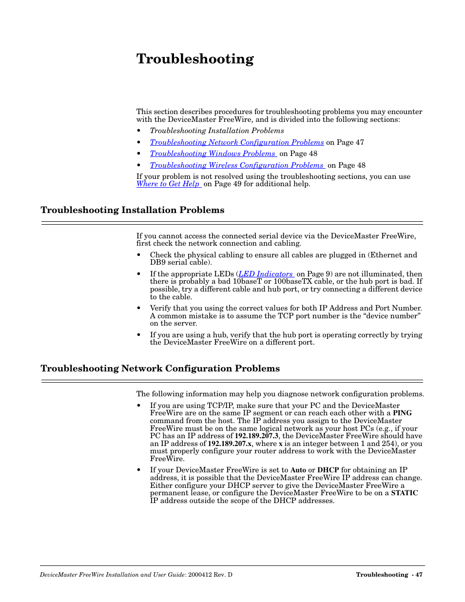 Troubleshooting, Troubleshooting installation problems, Troubleshooting network configuration problems | Load, see, Art, see | Comtrol FreeWire User Manual | Page 47 / 54