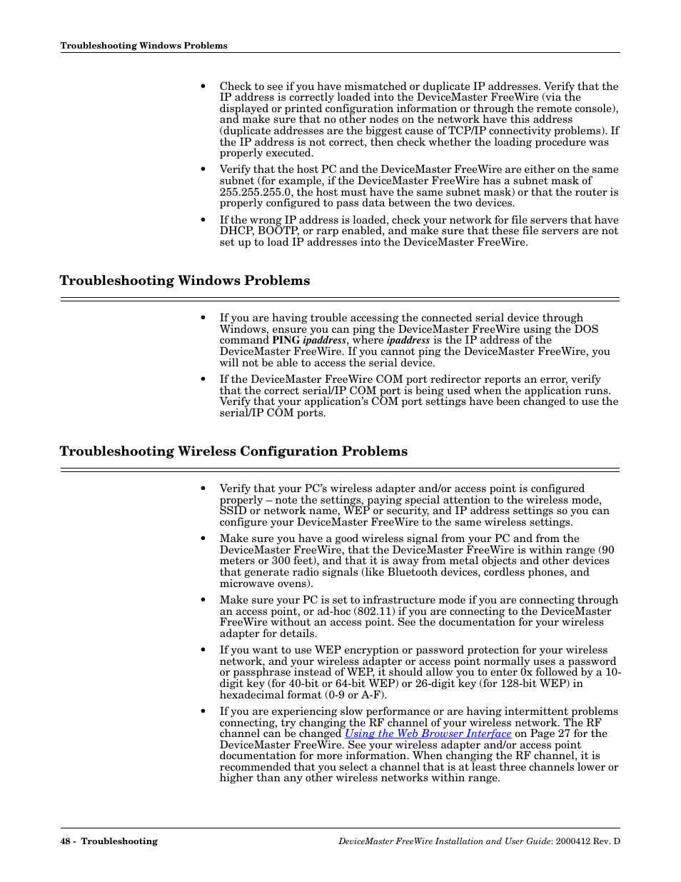 Troubleshooting windows problems, Troubleshooting wireless configuration problems | Comtrol FreeWire User Manual | Page 48 / 54