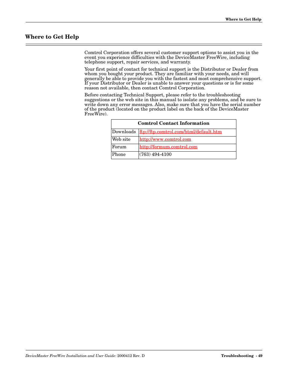 Where to get help | Comtrol FreeWire User Manual | Page 49 / 54