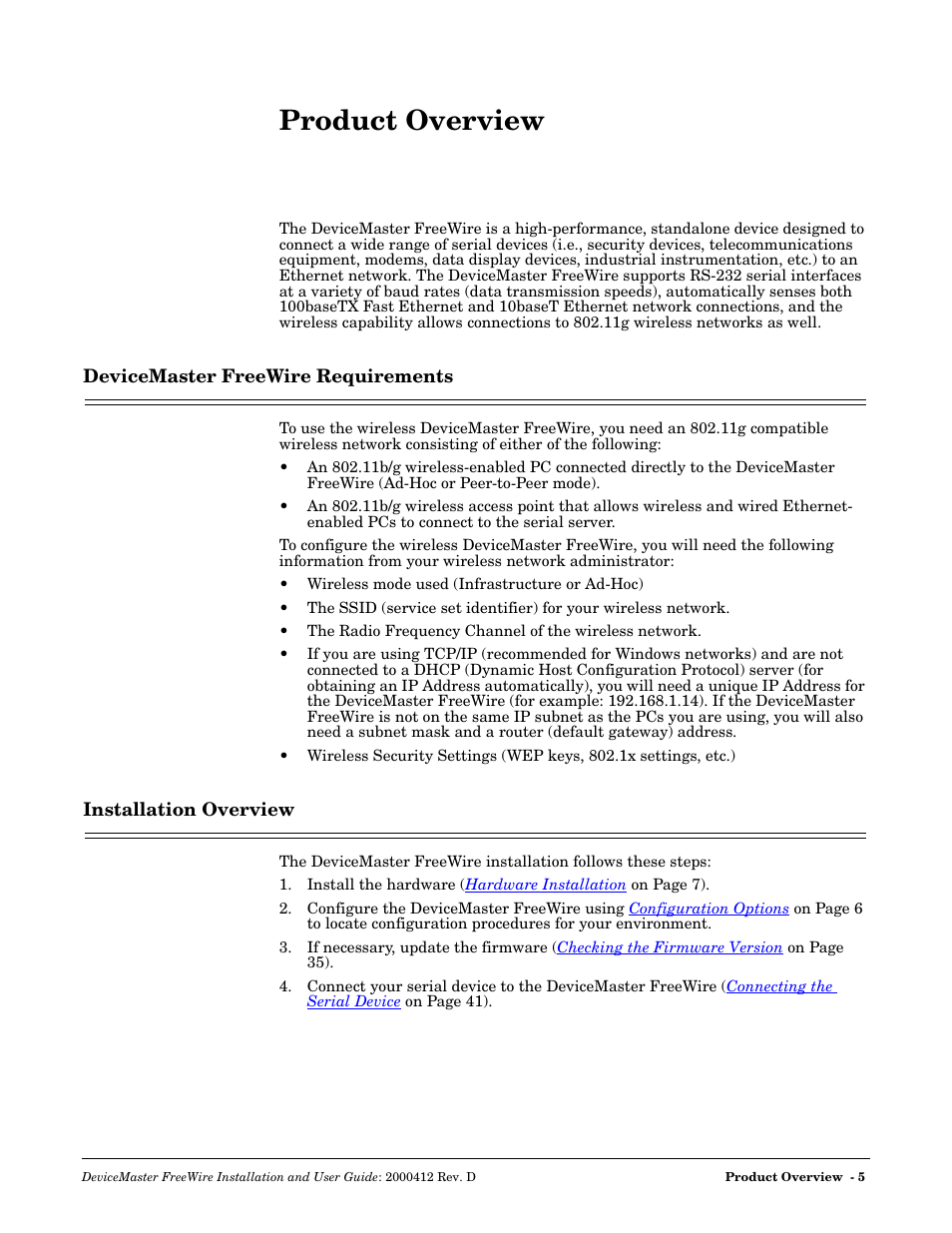 Product overview, Devicemaster freewire requirements, Installation overview | Comtrol FreeWire User Manual | Page 5 / 54