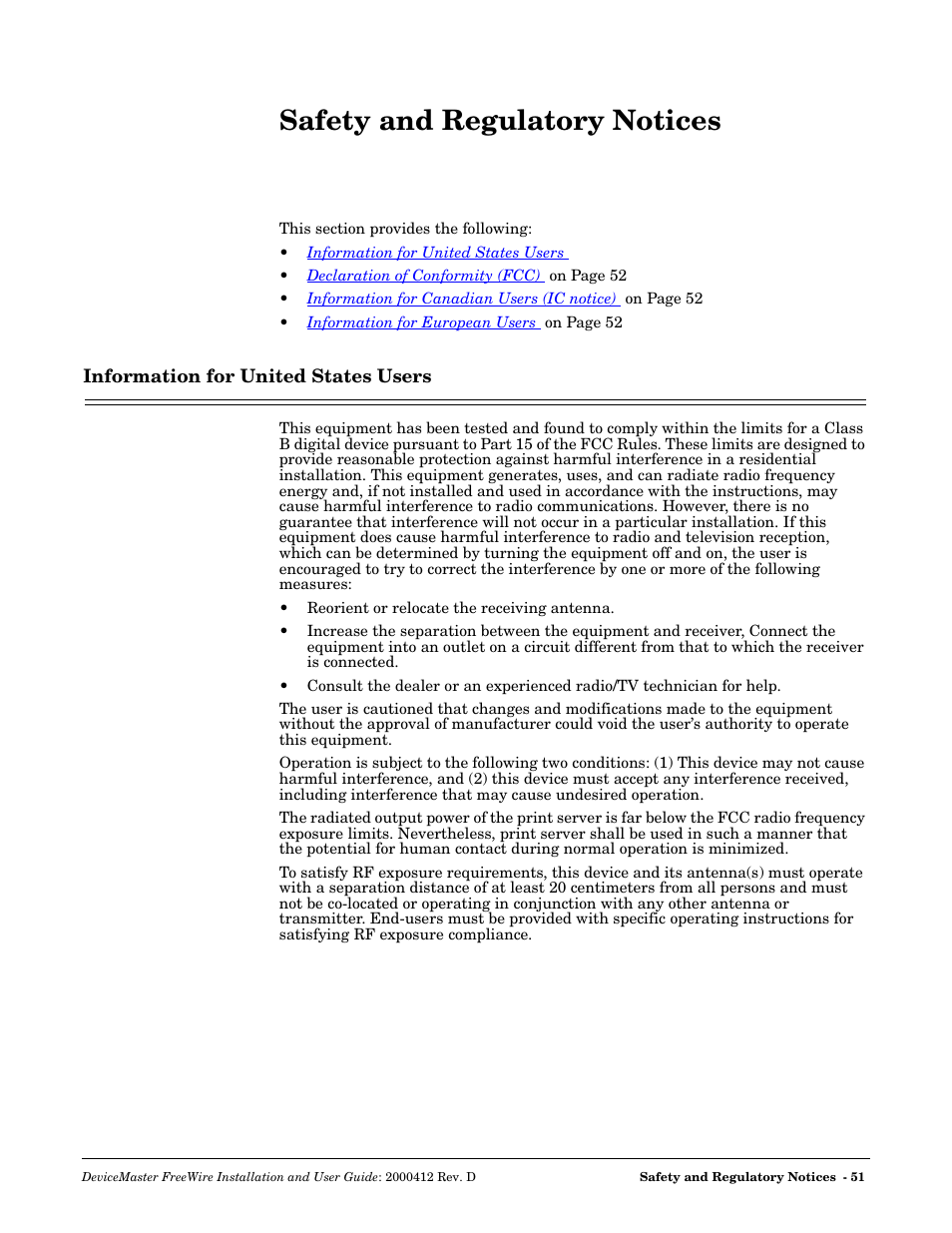 Safety and regulatory notices, Information for united states users | Comtrol FreeWire User Manual | Page 51 / 54