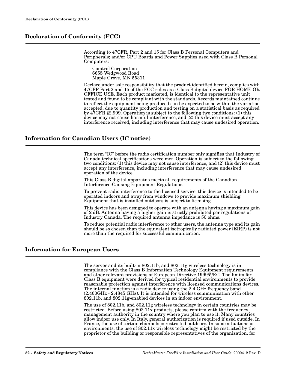 Declaration of conformity (fcc), Information for canadian users (ic notice), Information for european users | Comtrol FreeWire User Manual | Page 52 / 54