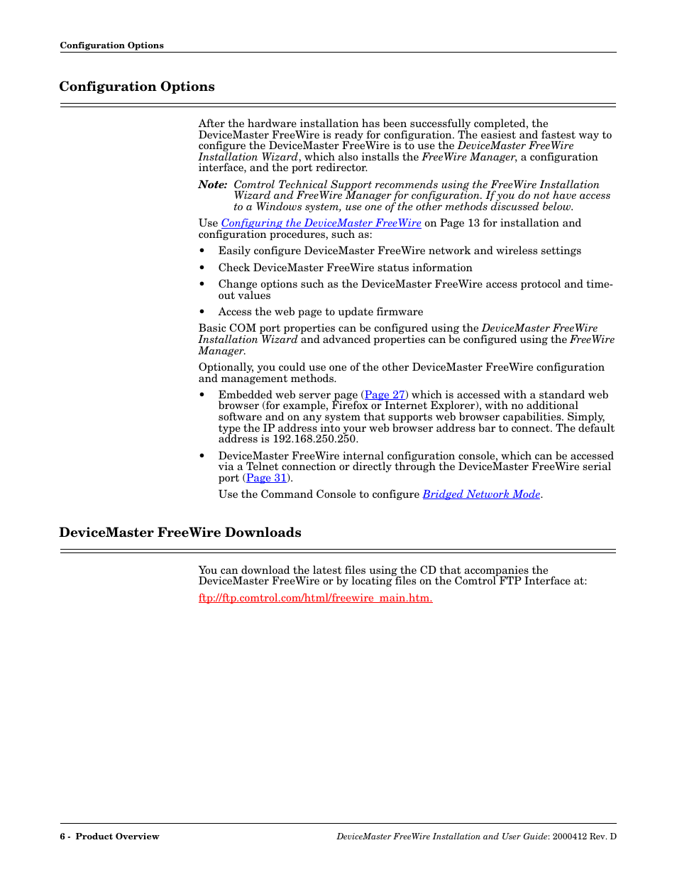 Configuration options, Devicemaster freewire downloads, Using | Comtrol FreeWire User Manual | Page 6 / 54