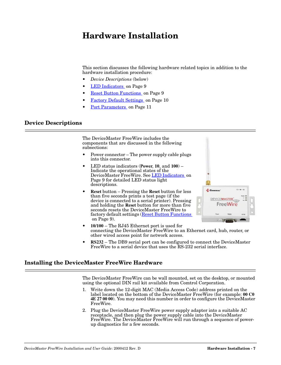 Hardware installation, Device descriptions, Installing the devicemaster freewire hardware | Comtrol FreeWire User Manual | Page 7 / 54