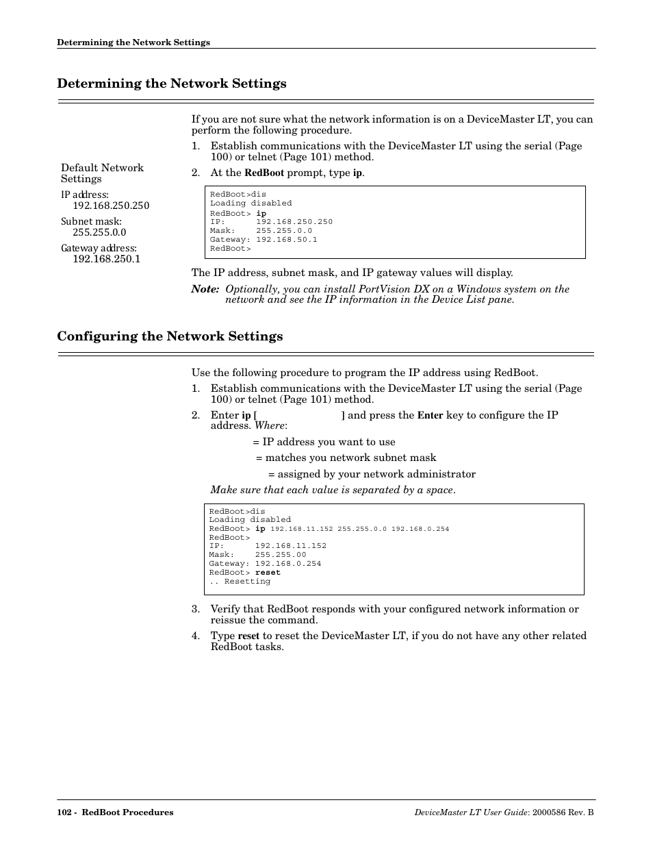 Determining the network settings, Configuring the network settings, Configuring the | Network settings | Comtrol DeviceMaster LT User Manual | Page 102 / 136