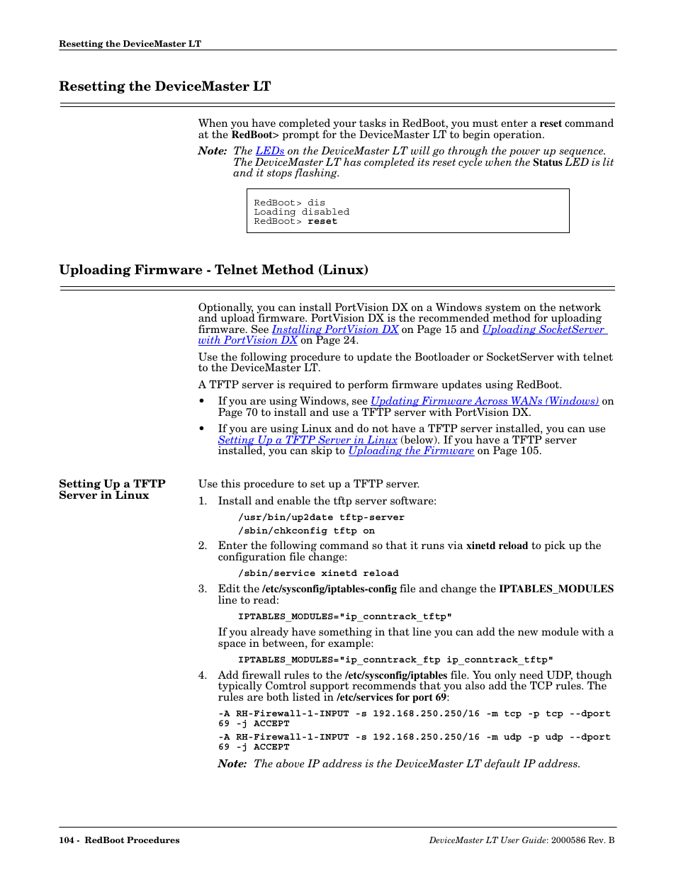 Resetting the devicemaster lt, Uploading firmware - telnet method (linux), Setting up a tftp server in linux | Comtrol DeviceMaster LT User Manual | Page 104 / 136