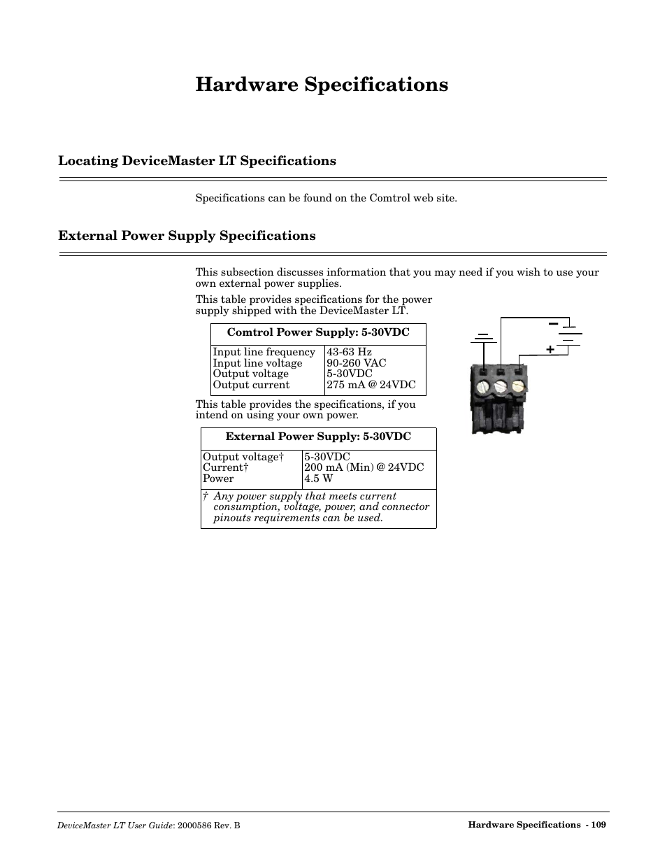 Hardware specifications, Locating devicemaster lt specifications, External power supply specifications | Comtrol DeviceMaster LT User Manual | Page 109 / 136