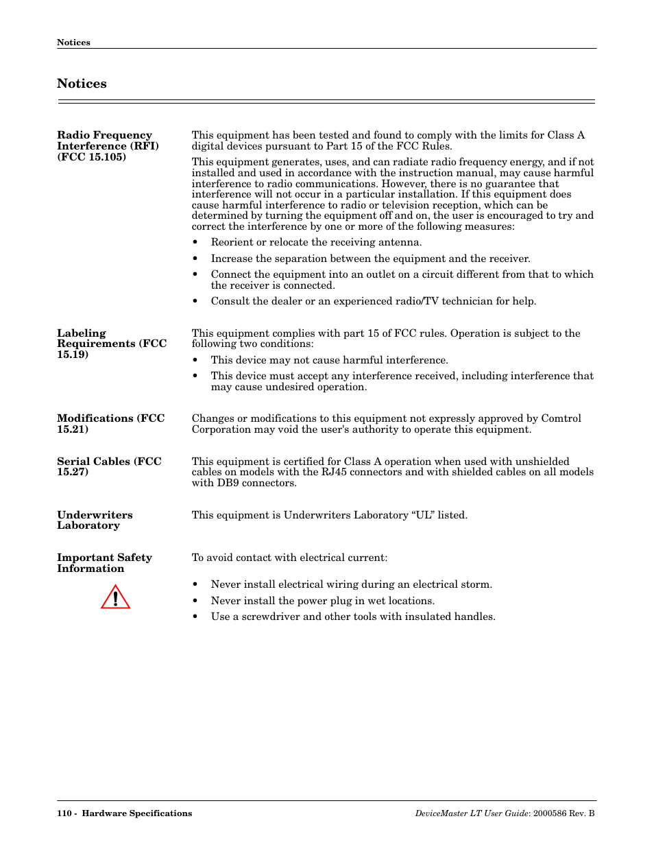 Notices, Radio frequency interference (rfi) (fcc 15.105), Labeling requirements (fcc 15.19) | Modifications (fcc 15.21), Serial cables (fcc 15.27), Underwriters laboratory, Important safety information | Comtrol DeviceMaster LT User Manual | Page 110 / 136