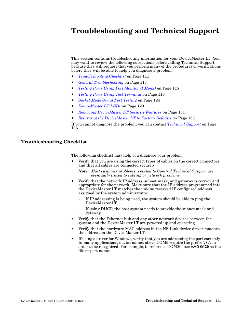 Troubleshooting and technical support, Troubleshooting checklist | Comtrol DeviceMaster LT User Manual | Page 111 / 136