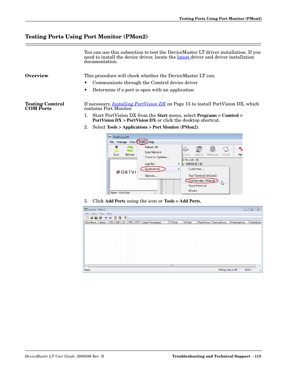 Testing ports using port monitor (pmon2), Overview, Testing comtrol com ports | Overview testing comtrol com ports, 115 fo | Comtrol DeviceMaster LT User Manual | Page 115 / 136