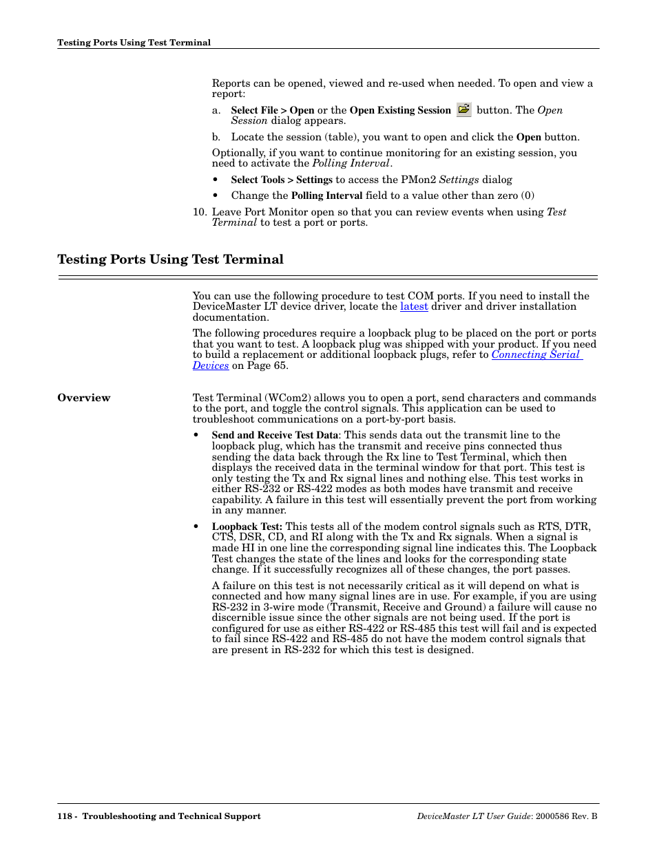 Testing ports using test terminal, Overview, Testing ports using test | Terminal | Comtrol DeviceMaster LT User Manual | Page 118 / 136