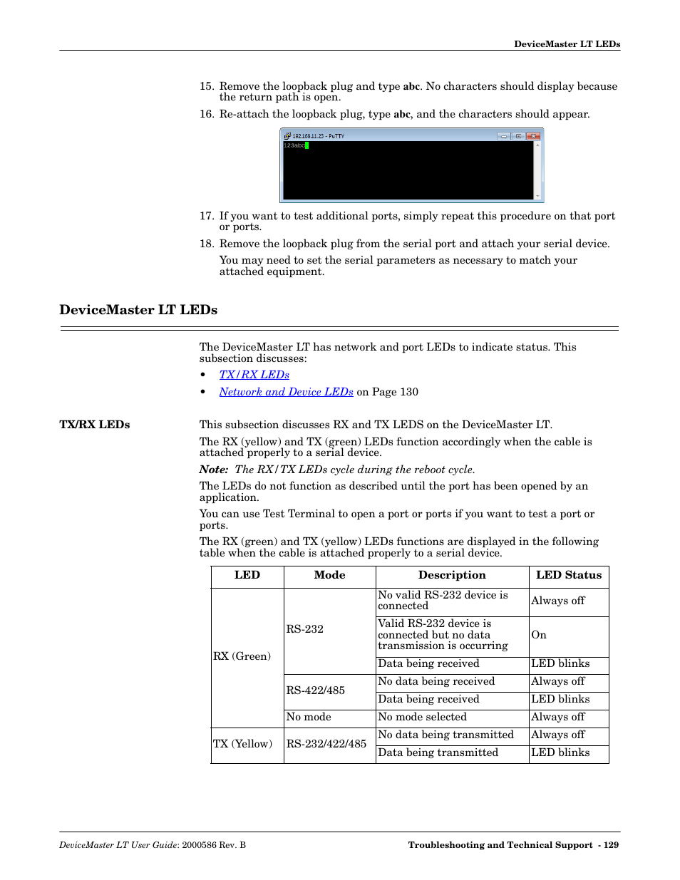 Devicemaster lt leds, Tx/rx leds | Comtrol DeviceMaster LT User Manual | Page 129 / 136