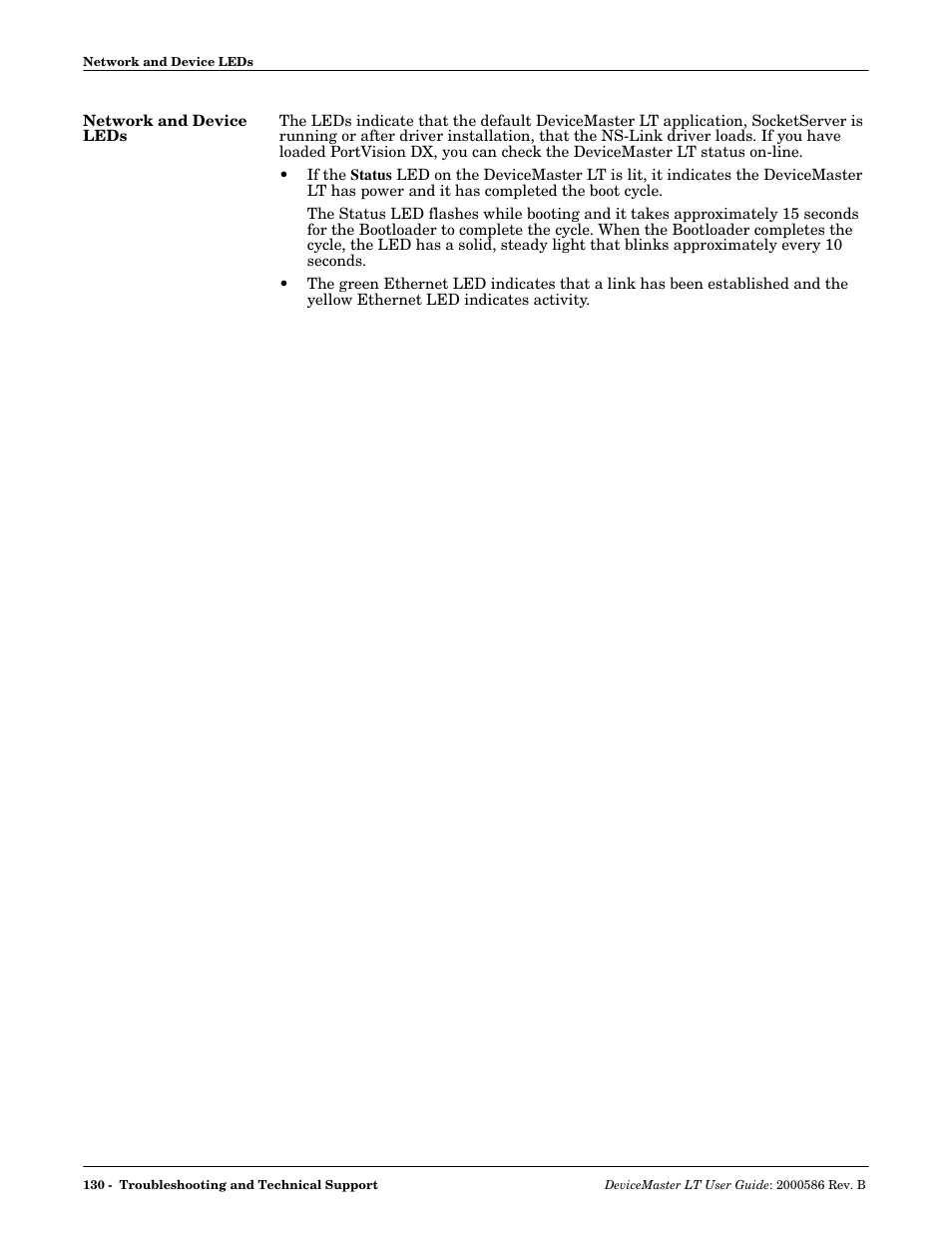 Network and device leds | Comtrol DeviceMaster LT User Manual | Page 130 / 136