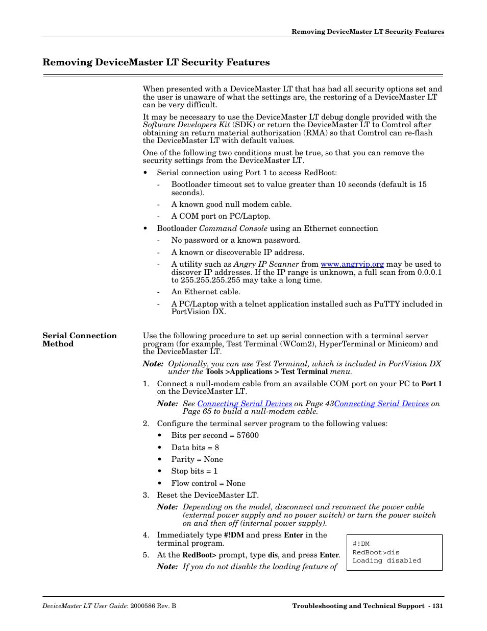 Removing devicemaster lt security features, Serial connection method, Removing | Devicemaster lt security features | Comtrol DeviceMaster LT User Manual | Page 131 / 136