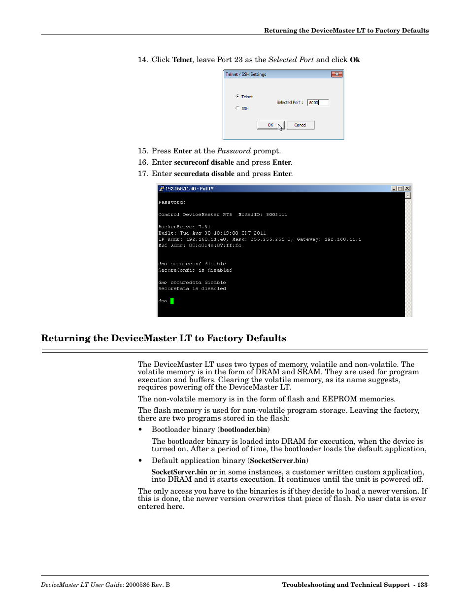 Returning the devicemaster lt to factory defaults | Comtrol DeviceMaster LT User Manual | Page 133 / 136