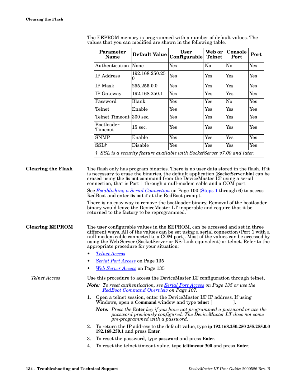 Clearing the flash, Clearing eeprom, Telnet access | Clearing the flash clearing eeprom | Comtrol DeviceMaster LT User Manual | Page 134 / 136