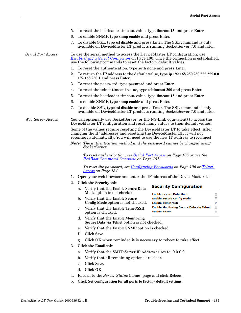 Serial port access, Web server access, Serial port access web server access | Comtrol DeviceMaster LT User Manual | Page 135 / 136
