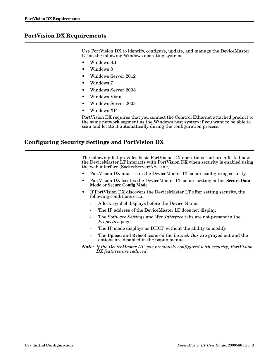 Portvision dx requirements, Configuring security settings and portvision dx, Er for | Windows, L on a, Host to | Comtrol DeviceMaster LT User Manual | Page 14 / 136