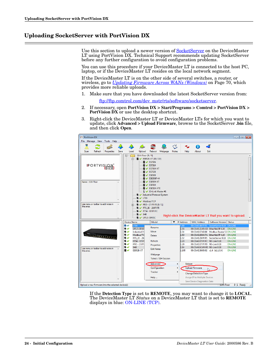 Uploading socketserver with portvision dx, Uploading socketserver with, Portvision dx | Comtrol DeviceMaster LT User Manual | Page 24 / 136