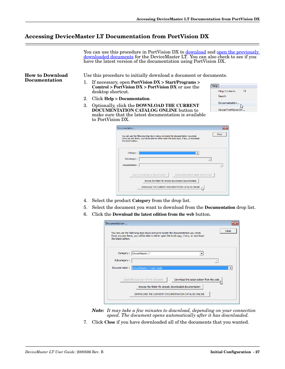 How to download documentation, Accessing, Devicemaster lt documentation from portvision dx | Comtrol DeviceMaster LT User Manual | Page 27 / 136