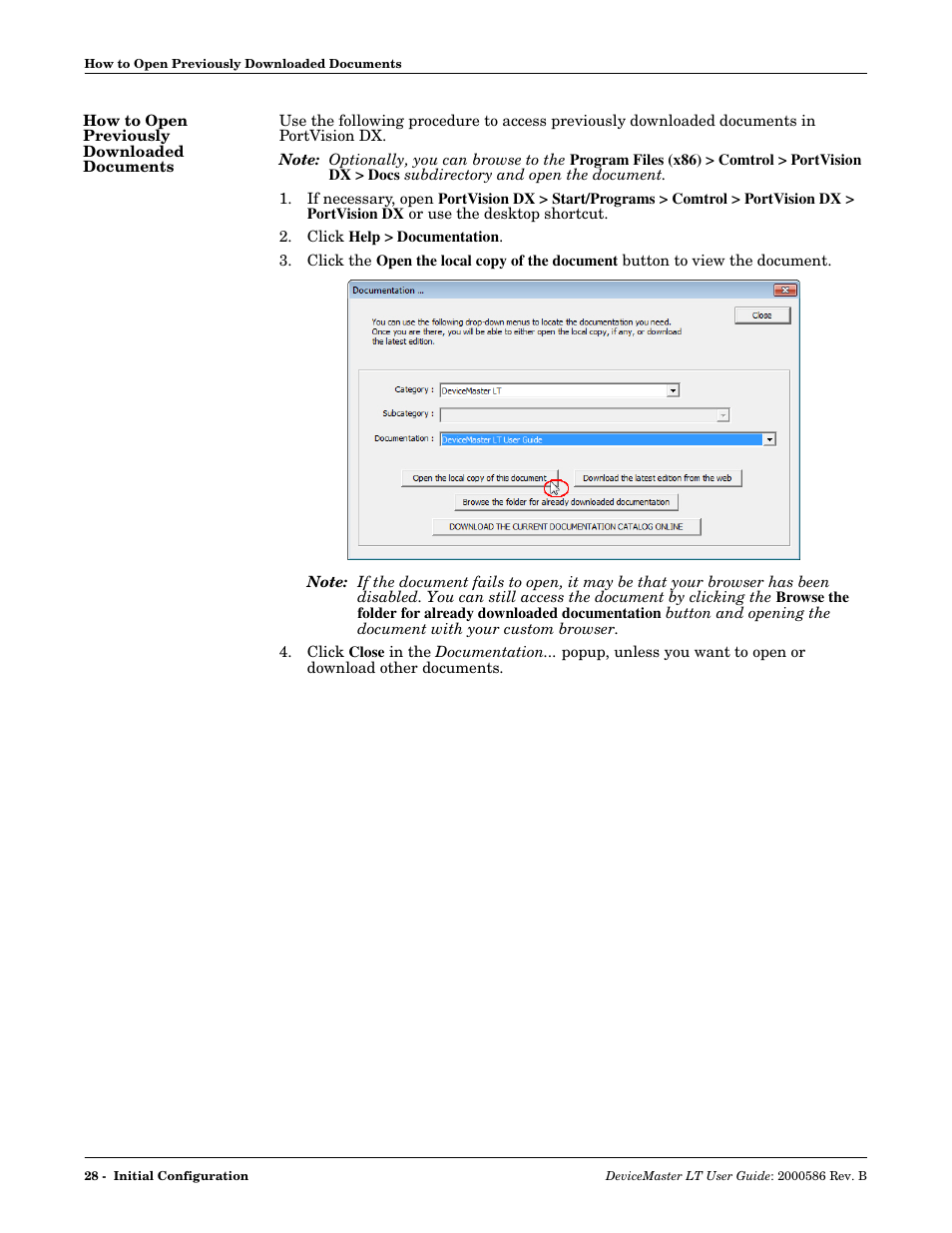 How to open previously downloaded documents, Open the previously, Downloaded documents | Comtrol DeviceMaster LT User Manual | Page 28 / 136