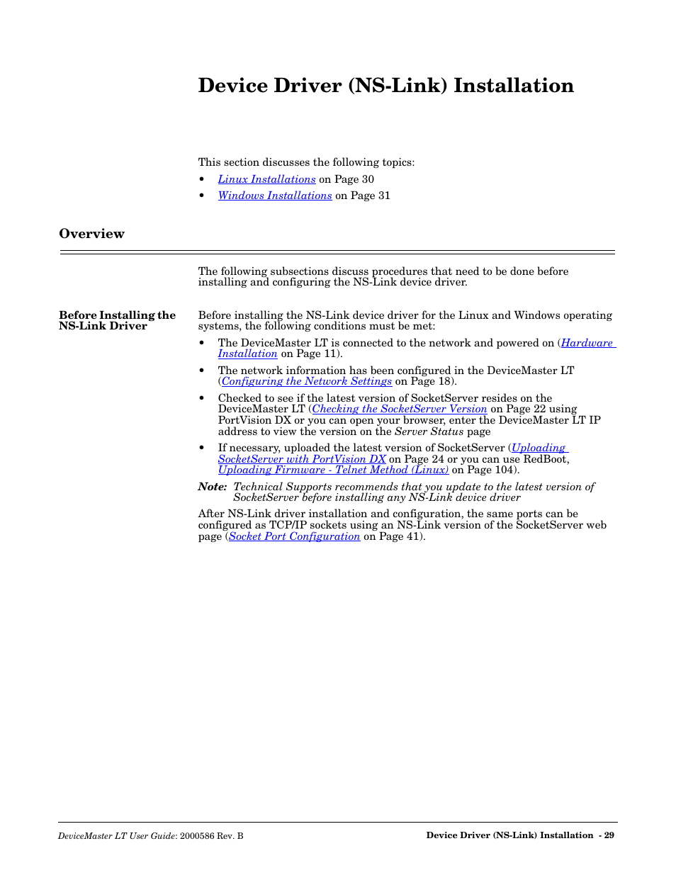 Device driver (ns-link) installation, Overview, Before installing the ns-link driver | Comtrol DeviceMaster LT User Manual | Page 29 / 136