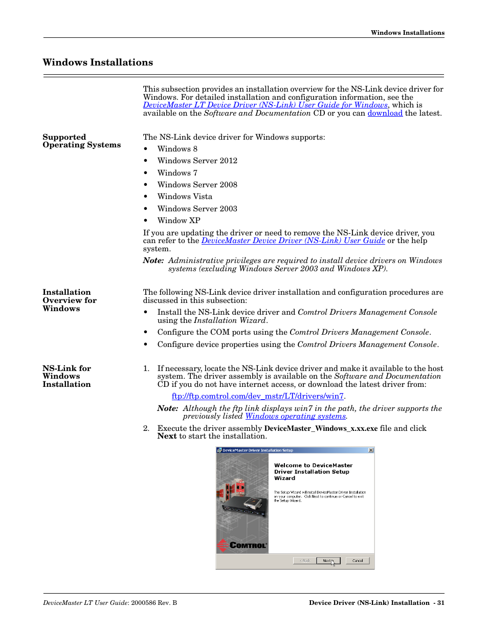 Windows installations, Supported operating systems, Installation overview for windows | Ns-link for windows installation | Comtrol DeviceMaster LT User Manual | Page 31 / 136