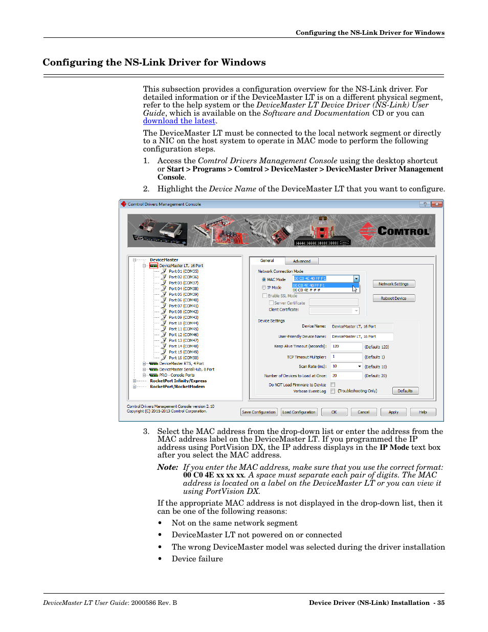 Configuring the ns-link driver for windows | Comtrol DeviceMaster LT User Manual | Page 35 / 136