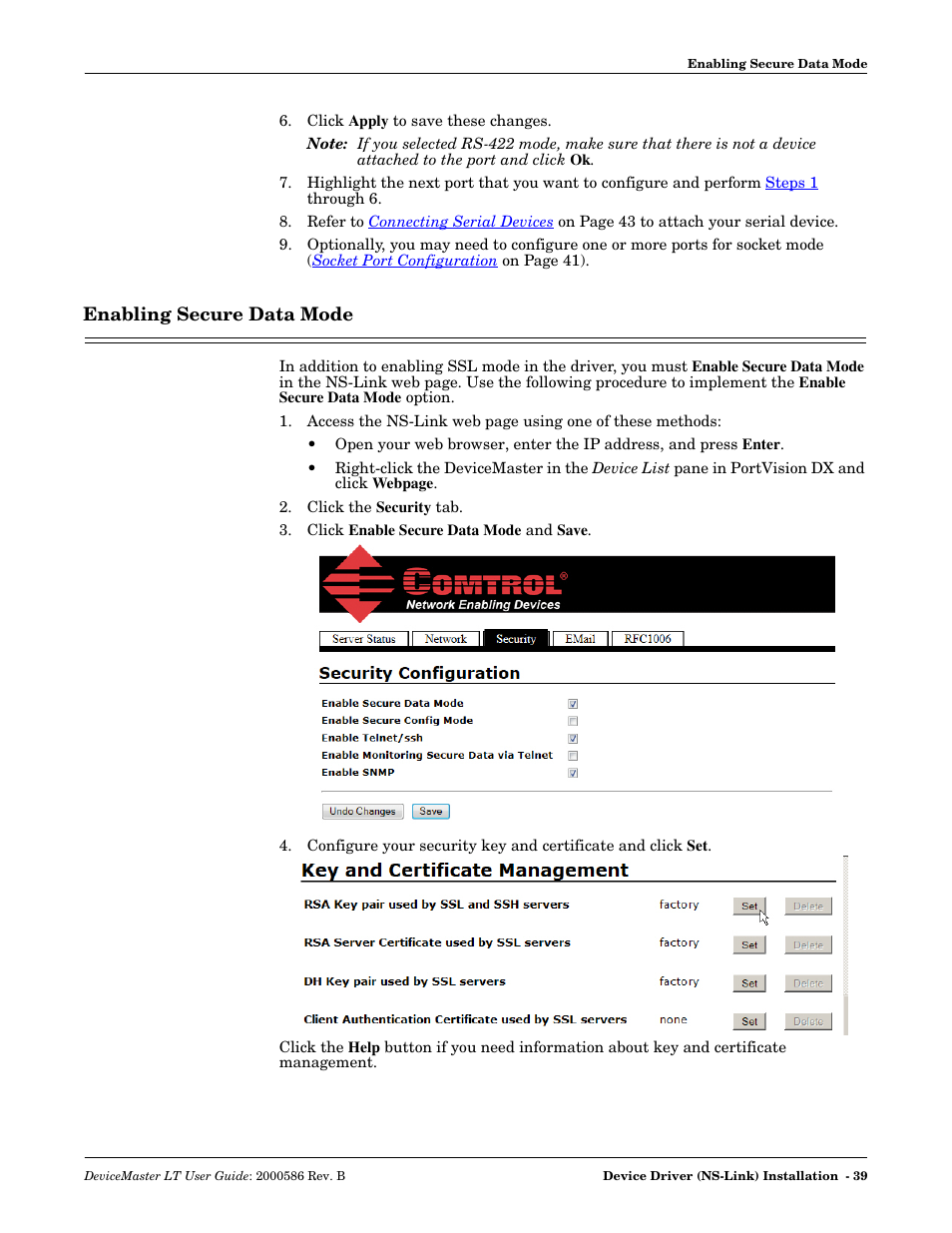 Enabling secure data mode | Comtrol DeviceMaster LT User Manual | Page 39 / 136
