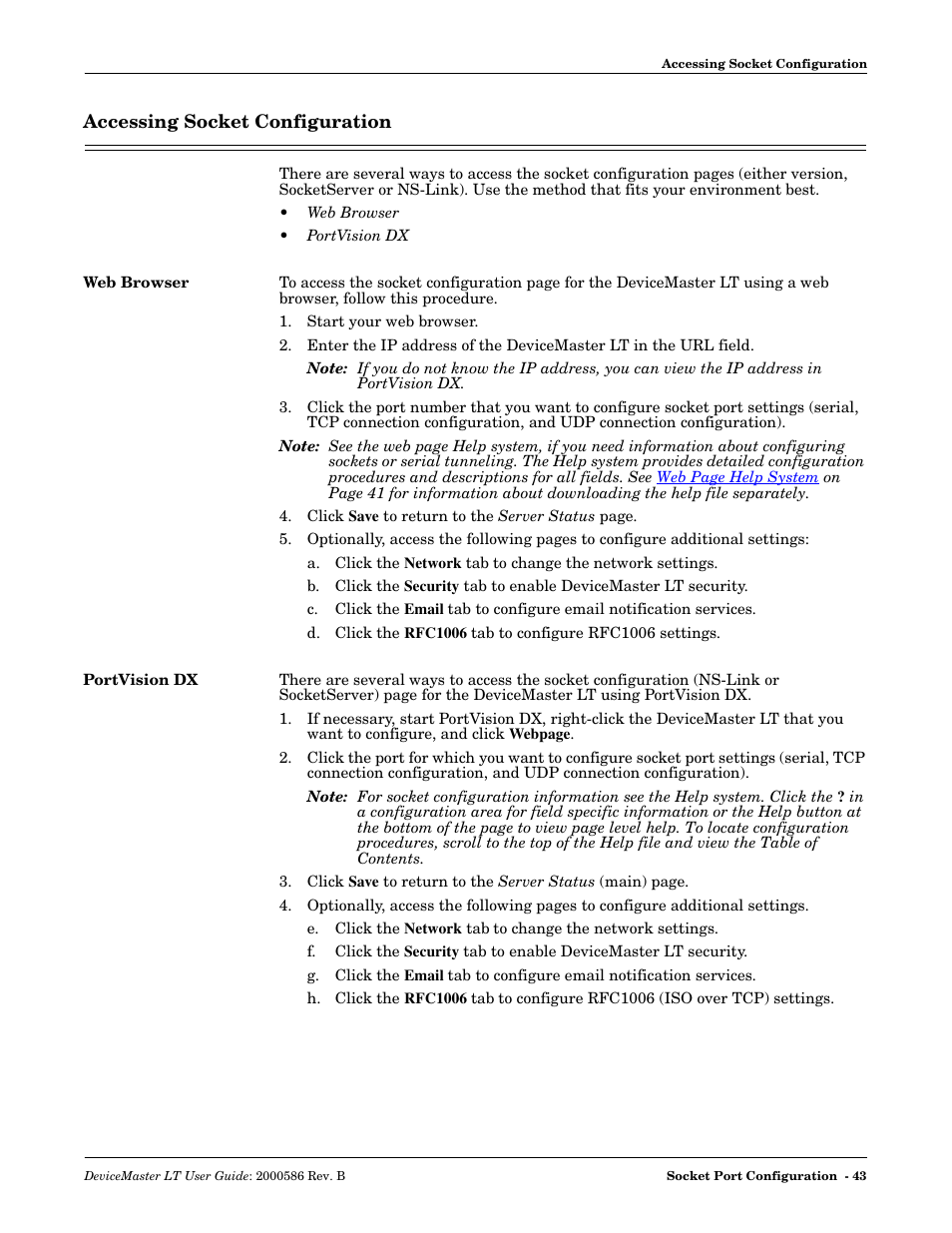 Accessing socket configuration, Web browser, Portvision dx | Web browser portvision dx | Comtrol DeviceMaster LT User Manual | Page 43 / 136