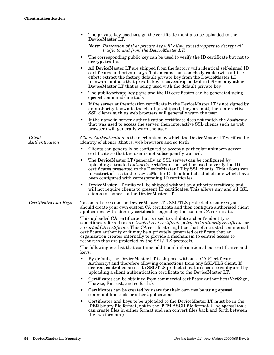 Client authentication, Certificates and keys, Client authentication certificates and keys | Client, Authentication | Comtrol DeviceMaster LT User Manual | Page 54 / 136