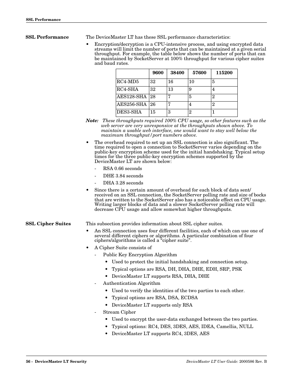 Ssl performance, Ssl cipher suites, Ssl performance ssl cipher suites | Comtrol DeviceMaster LT User Manual | Page 56 / 136