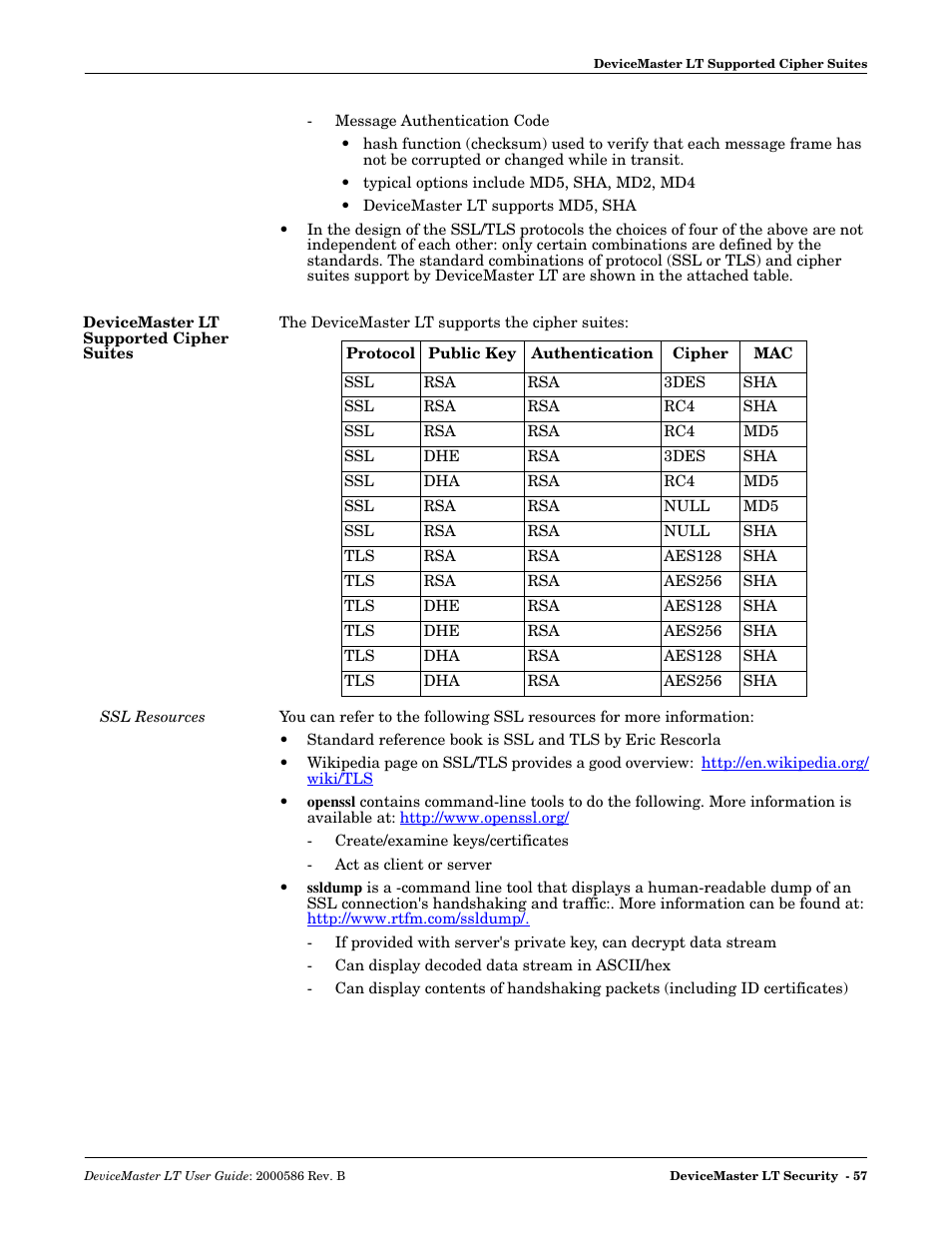 Devicemaster lt supported cipher suites, Ssl resources, Devicemaster lt supported | Cipher suites, Rough 57 for detailed informat | Comtrol DeviceMaster LT User Manual | Page 57 / 136