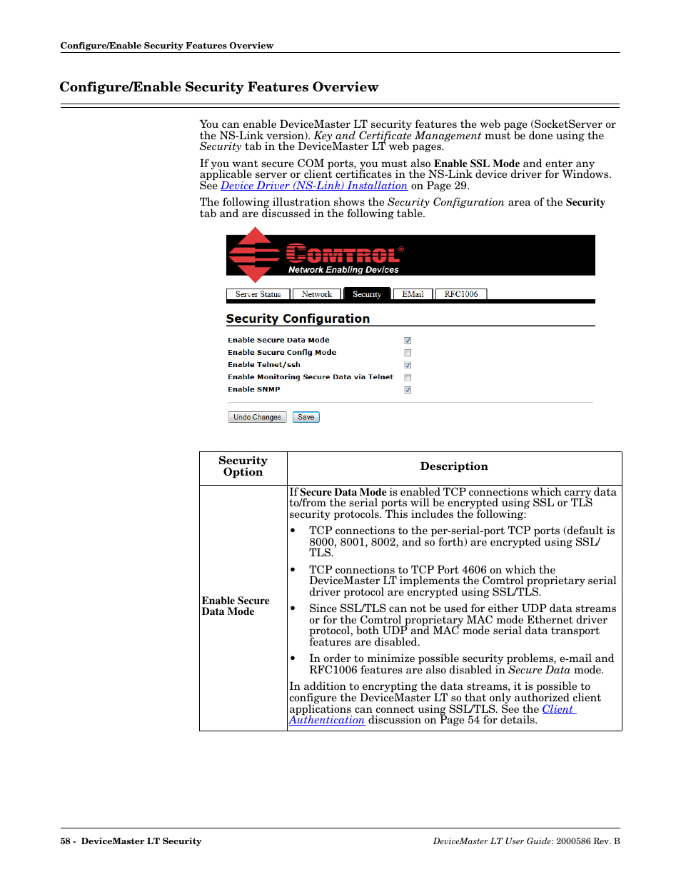 Configure/enable security features overview, Configure/enable security features, Overview | Comtrol DeviceMaster LT User Manual | Page 58 / 136