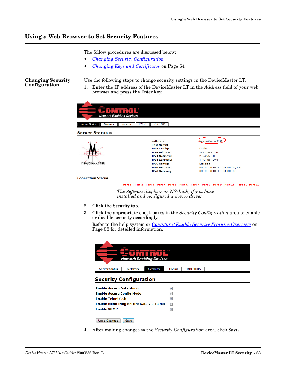Using a web browser to set security features, Changing security configuration | Comtrol DeviceMaster LT User Manual | Page 63 / 136