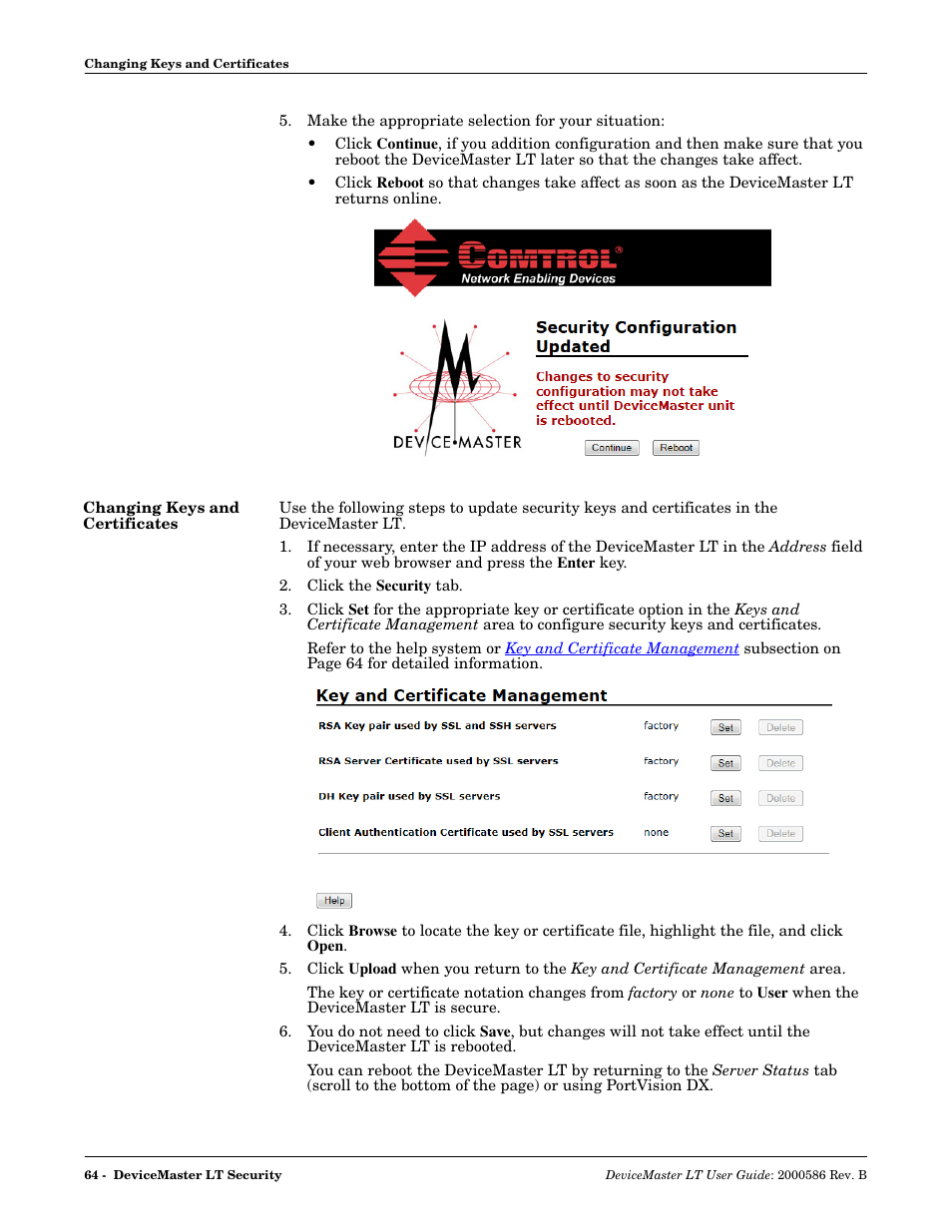Changing keys and certificates | Comtrol DeviceMaster LT User Manual | Page 64 / 136