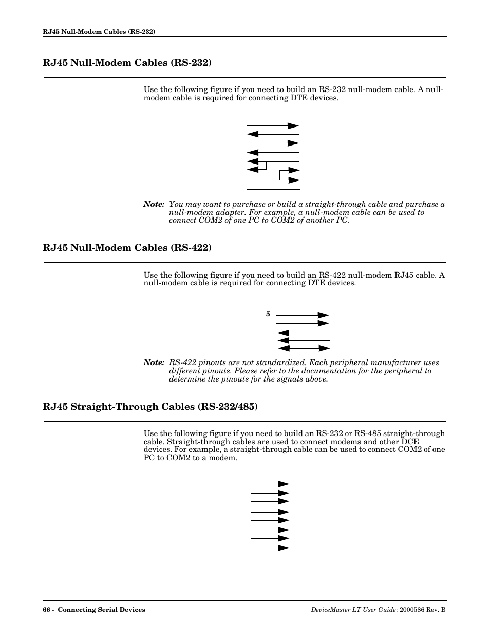 Rj45 null-modem cables (rs-232), Rj45 null-modem cables (rs-422), Rj45 straight-through cables (rs-232/485) | Comtrol DeviceMaster LT User Manual | Page 66 / 136