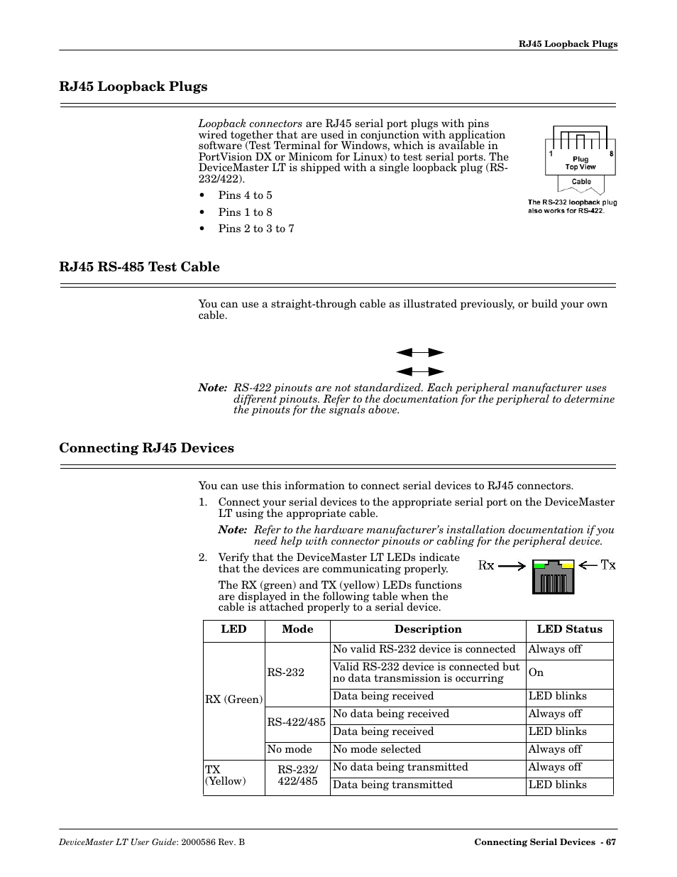 Rj45 loopback plugs, Rj45 rs-485 test cable, Connecting rj45 devices | Comtrol DeviceMaster LT User Manual | Page 67 / 136