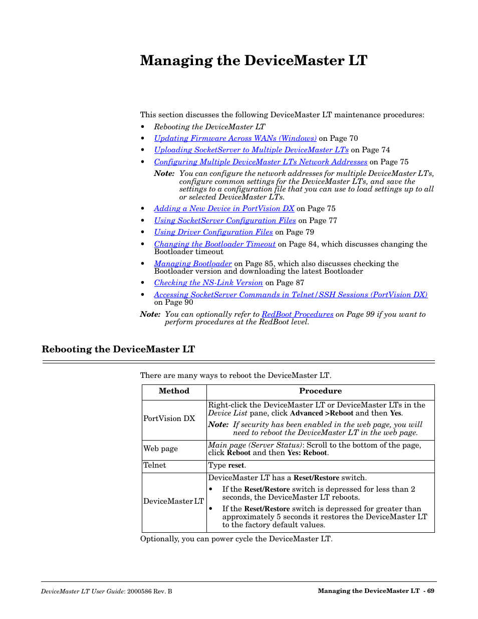 Managing the devicemaster lt, Rebooting the devicemaster lt | Comtrol DeviceMaster LT User Manual | Page 69 / 136