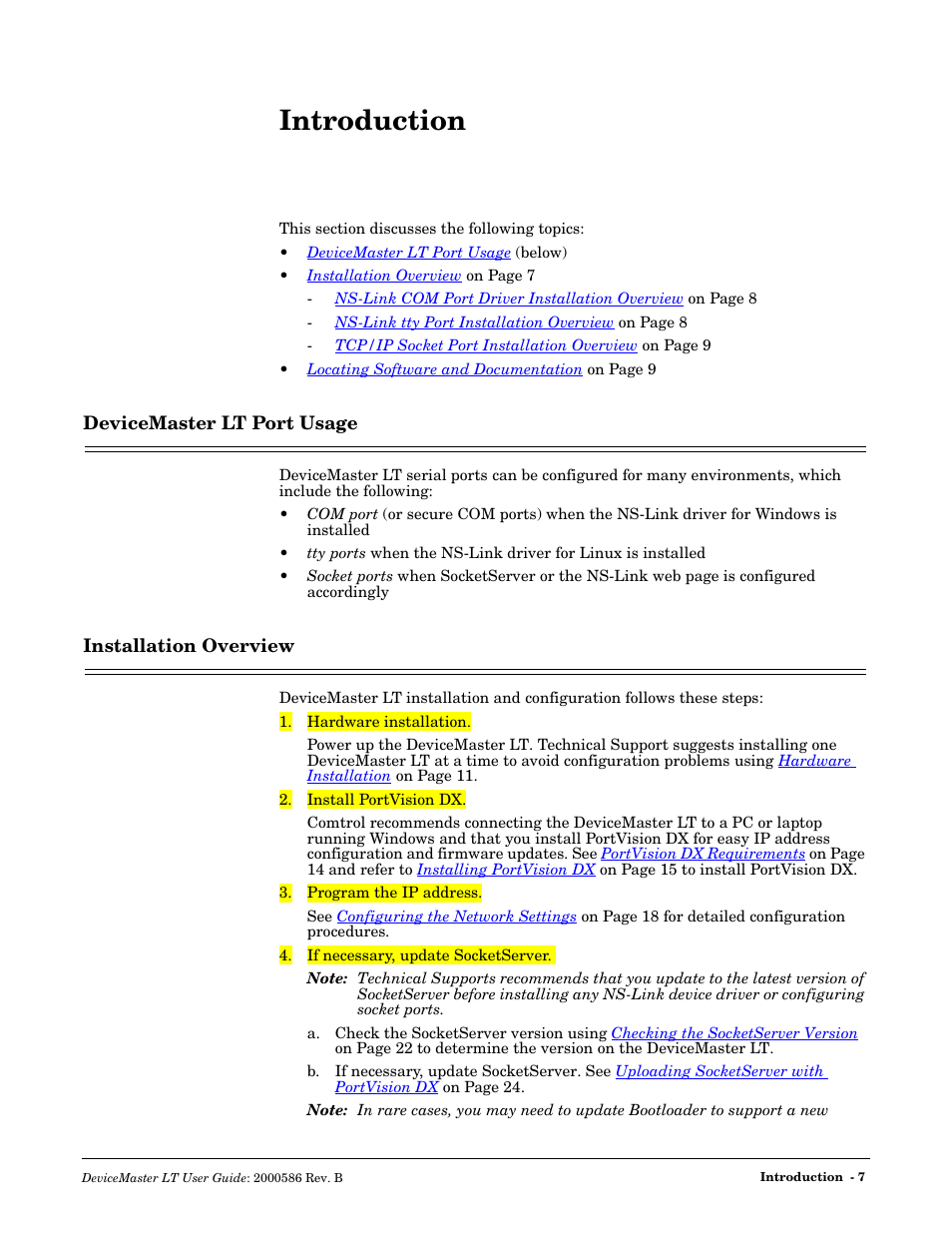 Introduction, Devicemaster lt port usage, Installation overview | Ntroduction, Devicemaster lt port usage installation overview | Comtrol DeviceMaster LT User Manual | Page 7 / 136