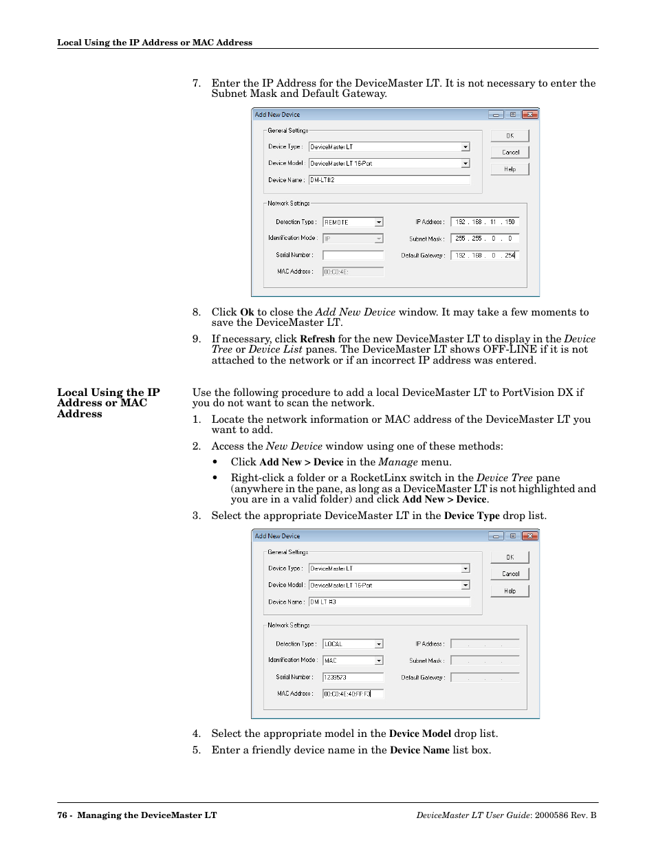 Local using the ip address or mac address, Local using, The ip address or mac address | Comtrol DeviceMaster LT User Manual | Page 76 / 136