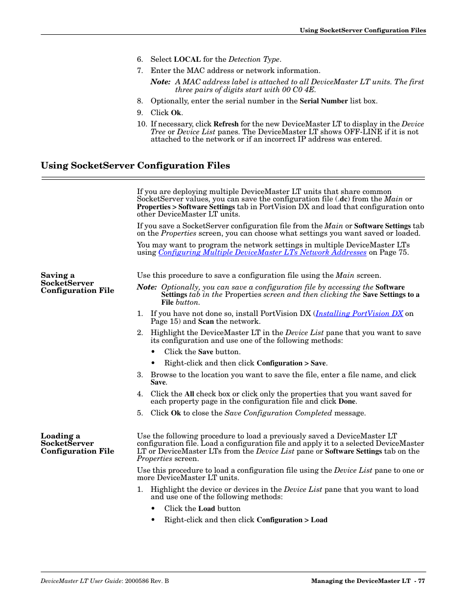 Using socketserver configuration files, Saving a socketserver configuration file, Loading a socketserver configuration file | Using socketserver configuration, Files, Using socketserver, Configuration files | Comtrol DeviceMaster LT User Manual | Page 77 / 136