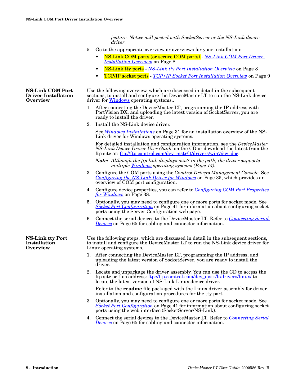 Ns-link com port driver installation overview, Ns-link tty port installation overview | Comtrol DeviceMaster LT User Manual | Page 8 / 136