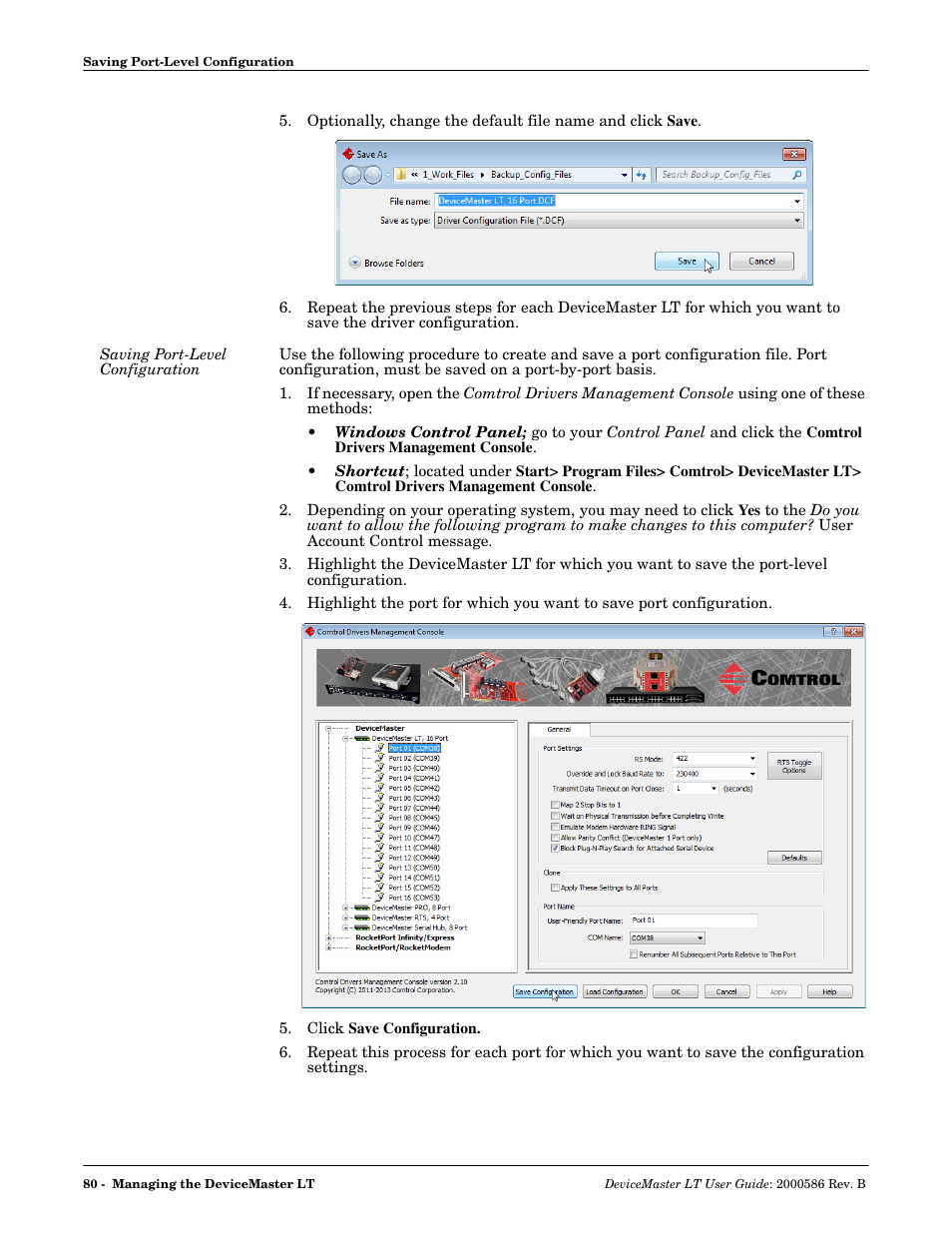 Saving port-level configuration | Comtrol DeviceMaster LT User Manual | Page 80 / 136