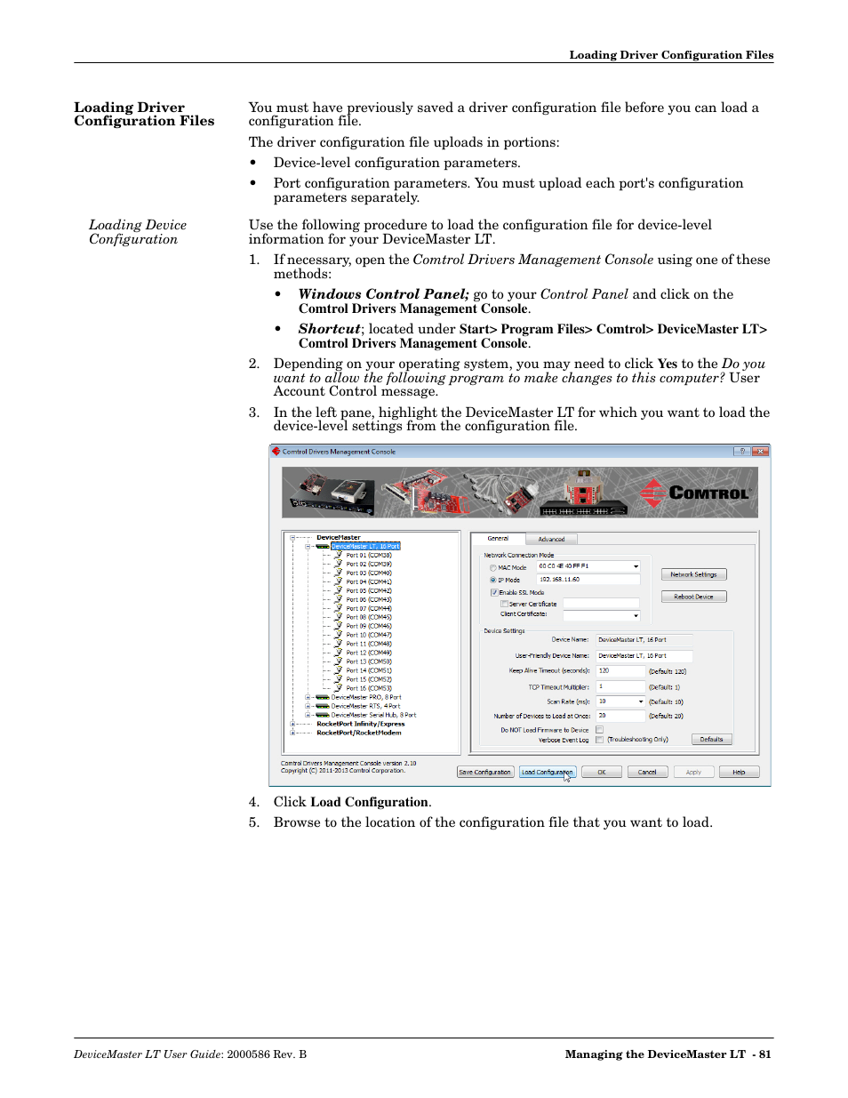 Loading driver configuration files, Loading device configuration | Comtrol DeviceMaster LT User Manual | Page 81 / 136